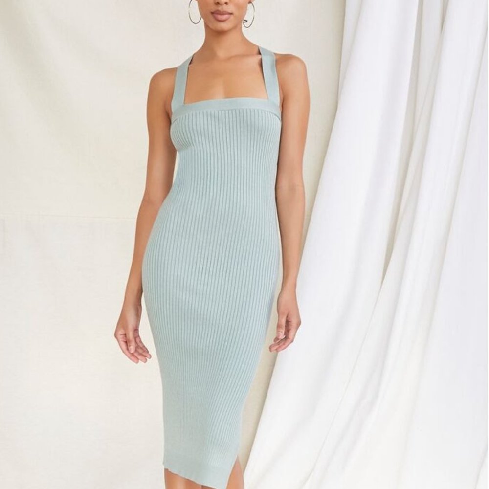 Ribbed crisscross midi dress seafoam